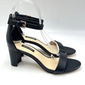 Nine West Womens 6.5 Pruce Black Leather Classic Block Heel Sandals Heels Shoes